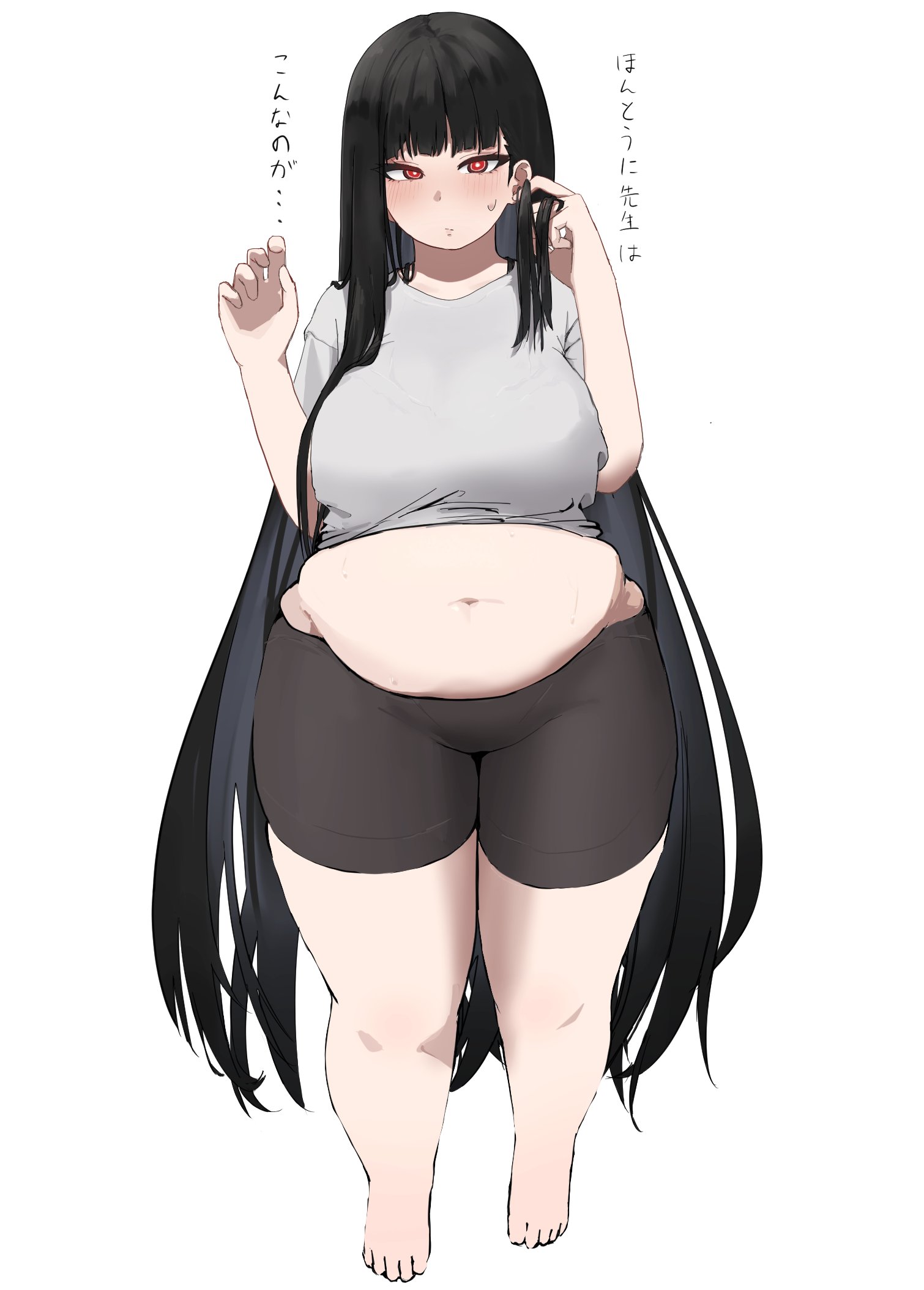 nikuniku315, rio (blue archive), blue archive, 1girl, belly, big belly, bike shorts, black hair, black shorts, blush, breasts, fat, fat woman, grey shirt, hand in own hair, japanese text, large breasts, long hair, muffin top, navel, plump, red eyes, shirt, shorts, solo, standing, straight hair, sweat, t-shirt, thick thighs, thighs, tight clothes, very long hair, white background, wide hips