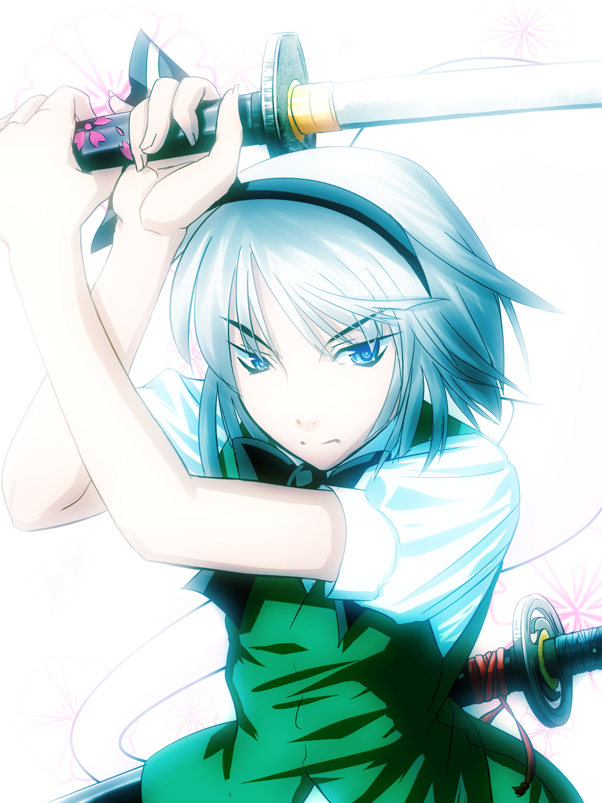 irusu, konpaku youmu, konpaku youmu (ghost), touhou, silver hair, highres, 1girl, blue eyes, female focus, hairband, hitodama, katana, ribbon, short hair, solo, sword, weapon