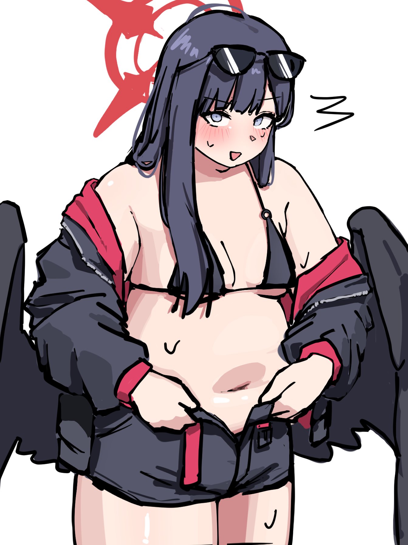 nikuniku315, ichika (blue archive), ichika (swimsuit) (blue archive), blue archive, 1girl, belly, belt, bikini, black bikini, black hair, black jacket, black shorts, black wings, blue eyes, blush, breasts, embarrassed, feathered wings, halo, jacket, long hair, low wings, navel, off-shoulder jacket, off shoulder, open clothes, open jacket, open mouth, plump, short shorts, shorts, small breasts, solo, standing, sunglasses, sunglasses on head, sweat, swimsuit, tight clothes, white background, wings