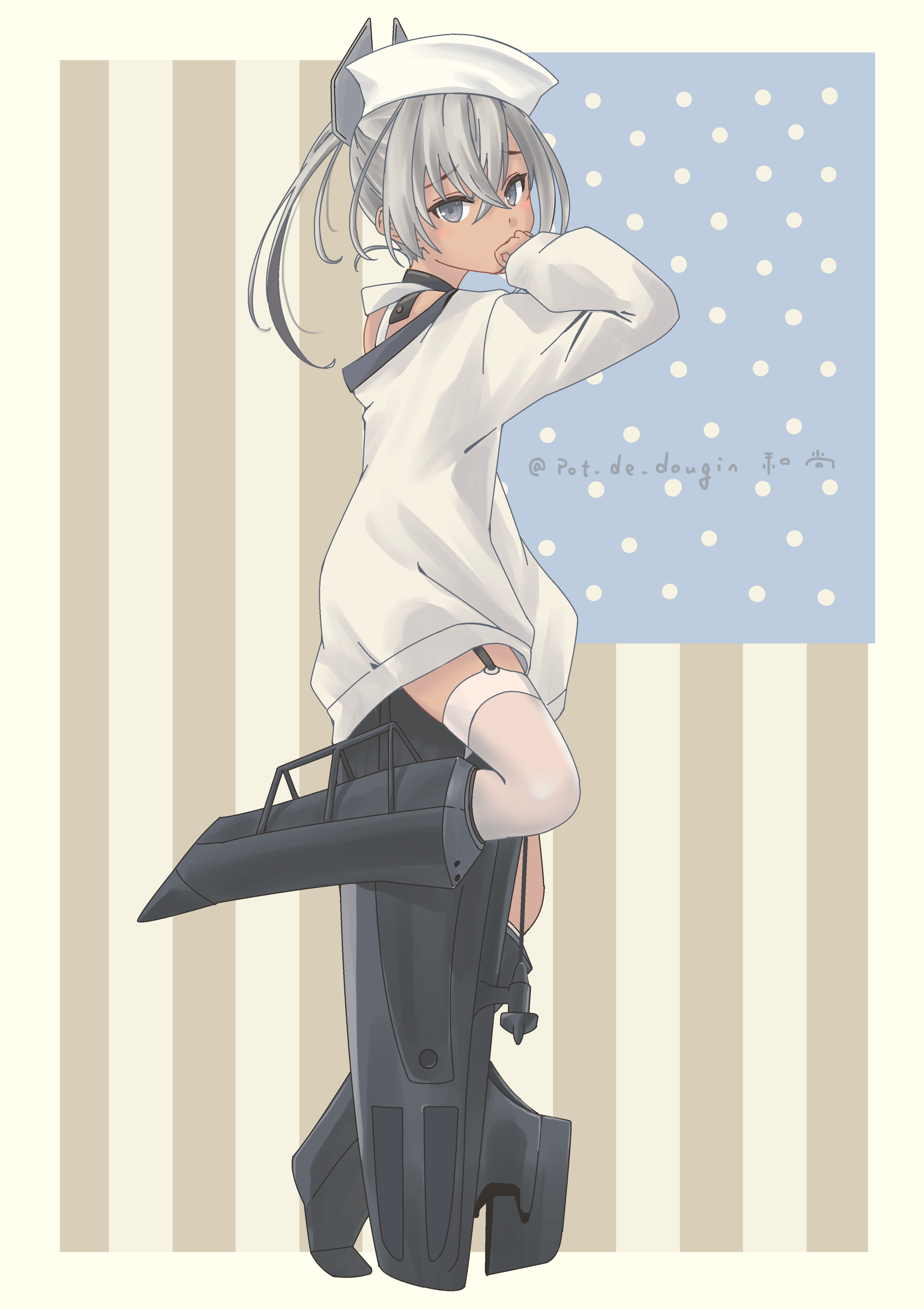 pot-de, dace (kancolle), kantai collection, absurdres, highres, 1girl, black one-piece swimsuit, dixie cup hat, grey eyes, grey hair, hat, headgear, military hat, one-piece swimsuit, shirt, side ponytail, single thighhigh, solo, swimsuit, swimsuit under clothes, thighhighs, two-tone one-piece swimsuit, white hat, white thighhighs