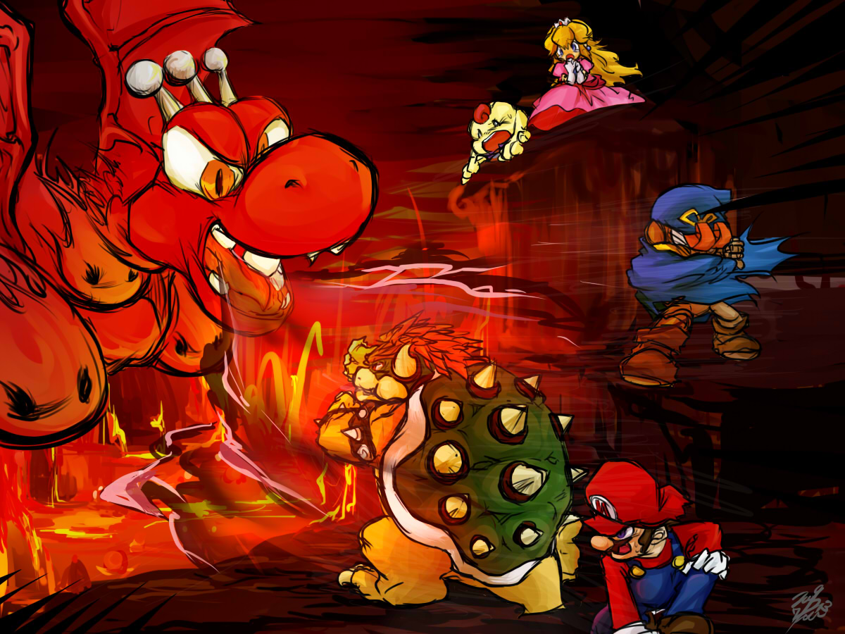 piu, bowser, czar dragon, geno (mario), mallow (mario), mario, princess peach, mario (series), nintendo, super mario rpg, bad id, bad pixiv id, 1boy, 1girl, battle, breath weapon, breathing fire, doll, dragon, epic, facial hair, fire, hat, lava, mustache, sketch