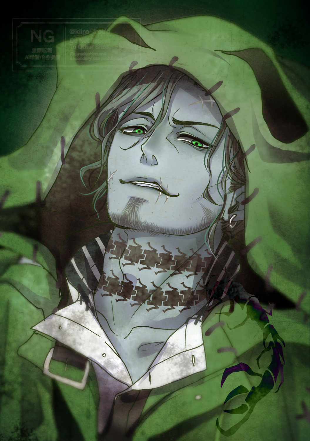 oogie boogie, the nightmare before christmas, twisted wonderland, highres, 1boy, beard, centipede tattoo, chinstrap beard, collared shirt, cosplay, facial hair, green eyes, hood, hooded jacket, jacket, kiiro-iro, male focus, mature male, neck tattoo, oogie boogie (cosplay), scar, scar on face, scar on forehead, scar on mouth, shirt, smile, solo, stitched clothes, swing (twisted wonderland), tattoo