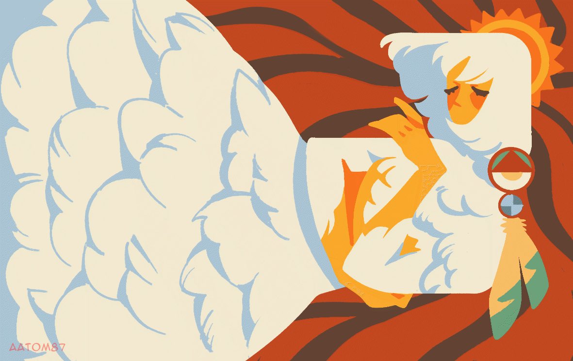 aatom87, falin touden, falin touden (chimera), dungeon meshi, commentary, english commentary, 1girl, breasts, closed eyes, feathers, head tilt, large breasts, medium hair, red background, solo, sun, underboob, white hair