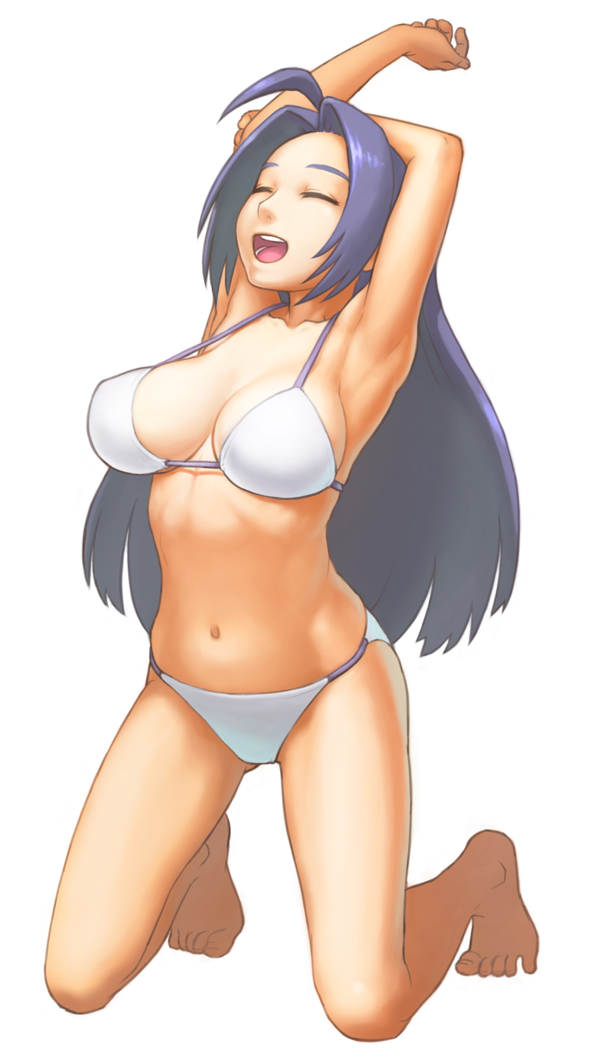 ebinera, miura azusa, idolmaster, idolmaster (classic), highres, 00s, 1girl, ahoge, armpits, arms behind head, bare shoulders, barefoot, bikini, breasts, cleavage, closed eyes, feet, female focus, full body, kneeling, large breasts, long hair, navel, open mouth, purple hair, simple background, smile, solo, swimsuit, white background, white bikini