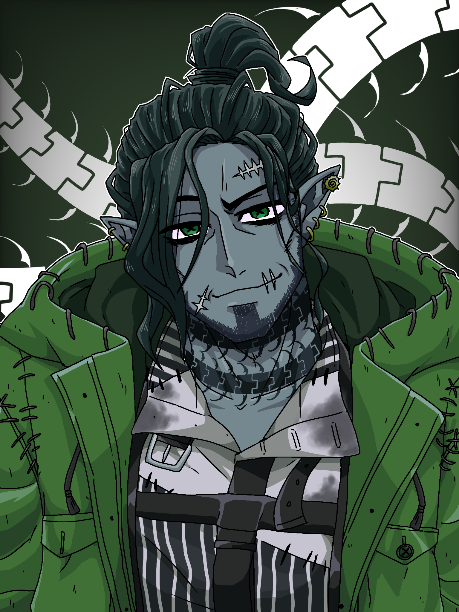 oogie boogie, the nightmare before christmas, twisted wonderland, highres, 1boy, beard, centipede tattoo, chinstrap beard, collared shirt, cosplay, facial hair, green eyes, hood, hooded jacket, jacket, looking at viewer, male focus, mature male, neck tattoo, oogie boogie (cosplay), poruporu0219, scar, scar on face, scar on forehead, scar on mouth, shirt, smile, solo, stitched clothes, swing (twisted wonderland), tattoo