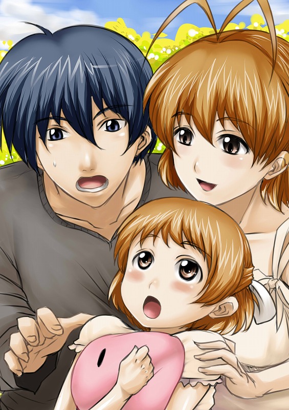 cholesenel, furukawa nagisa, okazaki tomoya, okazaki ushio, clannad, dango daikazoku, 00s, 1boy, 2girls, antenna hair, black eyes, blue hair, brown eyes, brown hair, child, family, hug, husband and wife, multiple girls, short hair