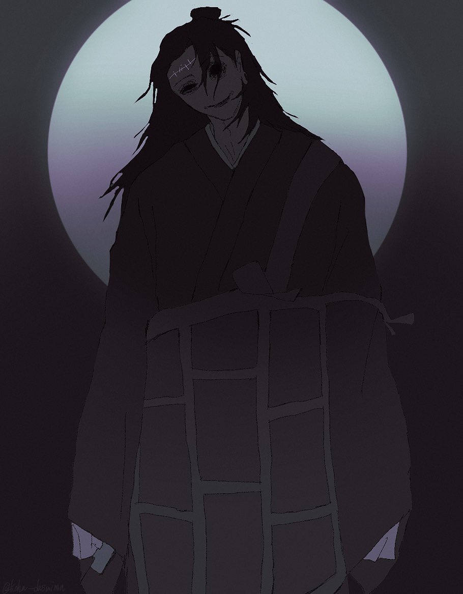 getou suguru, getou suguru (kenjaku), jujutsu kaisen, 1boy, black hair, black robe, blank eyes, evil smile, hair bun, horror (theme), kesa, koha dasuima, long hair, male focus, moon, no nose, robe, smile, solo, stitched forehead