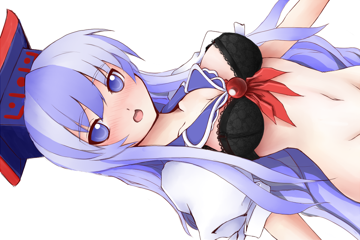 shishigami (sunagimo), kamishirasawa keine, touhou, bad id, bad pixiv id, 1girl, black bra, blue eyes, blue hair, blush, bra, breasts, cleavage, female focus, groin, hat, lingerie, long hair, matching hair/eyes, open clothes, open mouth, open shirt, shirt, sideways, solo, underwear