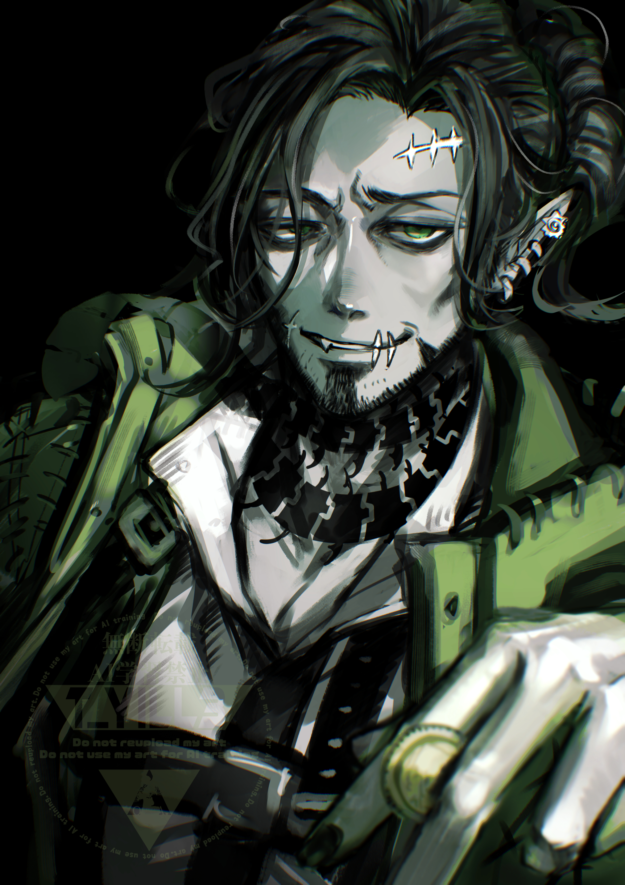 tayutaill, oogie boogie, the nightmare before christmas, twisted wonderland, absurdres, highres, 1boy, beard, centipede tattoo, chinstrap beard, collared shirt, cosplay, facial hair, green eyes, hood, hooded jacket, jacket, male focus, mature male, neck tattoo, oogie boogie (cosplay), scar, scar on face, scar on forehead, shirt, swing (twisted wonderland), tattoo