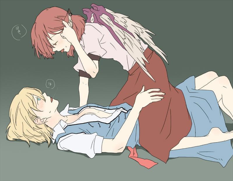 torinone, alice margatroid, mystia lorelei, touhou, 2girls, animal ears, barefoot, blonde hair, blue eyes, blush, contemporary, earrings, female focus, hairband, jewelry, multiple girls, pink hair, saliva, saliva trail, short hair, wings, yuri