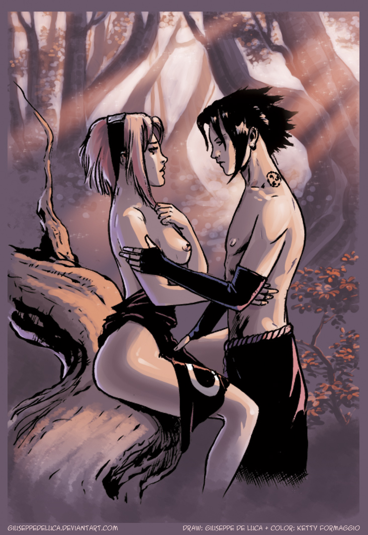 giuseppe de luca, ketty formaggio, haruno sakura, uchiha sasuke, naruto (classic), naruto (series), 1boy, 1girl, breasts, couple, forest, hetero, large breasts, nature, topless male