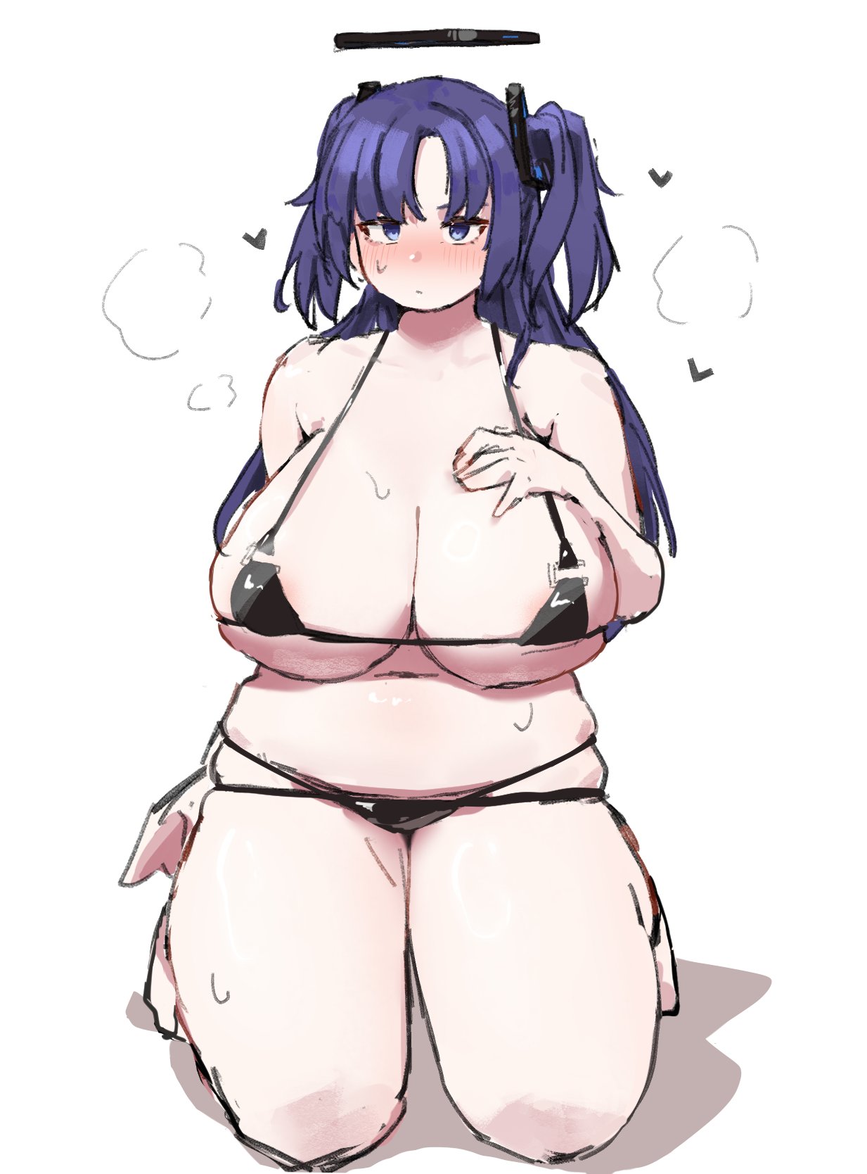 nikuniku315, yuuka (blue archive), blue archive, 1girl, areola slip, bikini, black bikini, blue eyes, blue hair, blush, breasts, hair ornament, halo, hand on own chest, heart, huge breasts, long hair, micro bikini, navel, plump, seiza, sitting, skindentation, solo, sweat, swimsuit, thick thighs, thighs, two side up, white background