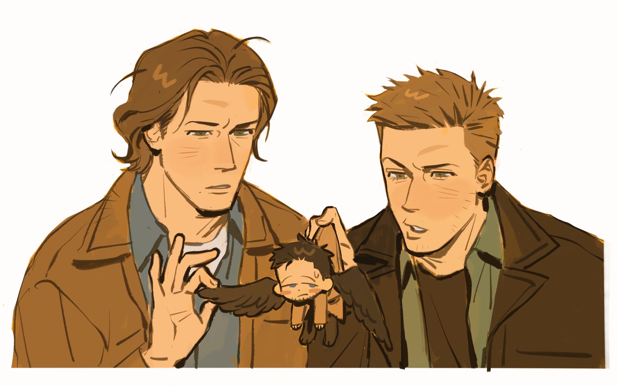 kunnuscumnus, castiel, dean winchester, sam winchester, supernatural (tv series), highres, 3boys, angel wings, beard stubble, black wings, blonde hair, blue eyes, blue shirt, border, brown hair, brown jacket, brown shirt, coat, collared shirt, confused, crew cut, facial hair, green eyes, green shirt, holding chibi, jacket, looking at another, looking to the side, mole, mole under mouth, multiple boys, no sclera, open clothes, open jacket, parted hair, parted lips, raised eyebrow, shirt, shirt under shirt, stubble, sweatdrop, teeth, upper body, white background, white shirt, wings, wolf cut
