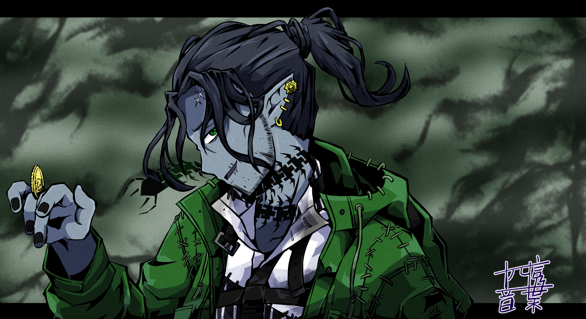 oogie boogie, the nightmare before christmas, twisted wonderland, highres, 1boy, beard, centipede tattoo, chinstrap beard, collared shirt, cosplay, facial hair, green eyes, hood, hooded jacket, jacket, ktnh14on, male focus, mature male, neck tattoo, oogie boogie (cosplay), scar, scar on face, scar on forehead, scar on mouth, shirt, smile, solo, stitched clothes, swing (twisted wonderland), tattoo