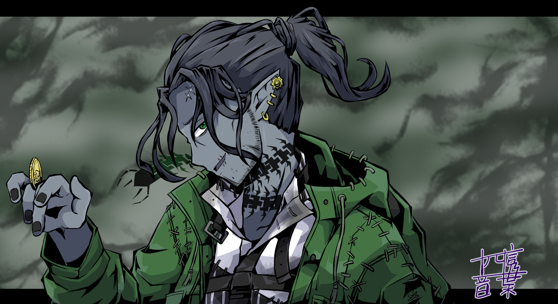 oogie boogie, the nightmare before christmas, twisted wonderland, highres, 1boy, beard, centipede tattoo, chinstrap beard, collared shirt, cosplay, facial hair, green eyes, hood, hooded jacket, jacket, ktnh14on, male focus, mature male, neck tattoo, oogie boogie (cosplay), scar, scar on face, scar on forehead, scar on mouth, shirt, smile, solo, stitched clothes, swing (twisted wonderland), tattoo