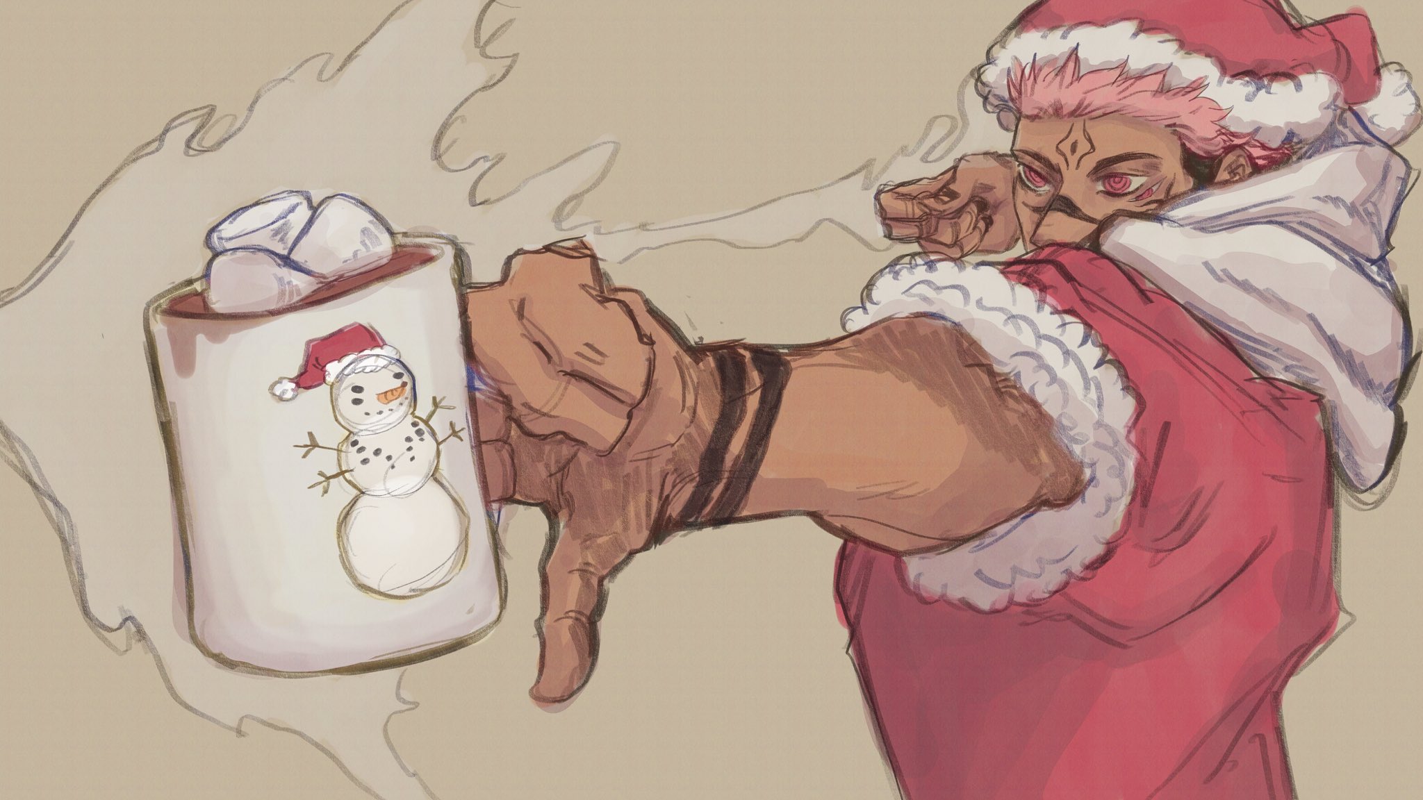 itadori yuuji, ryoumen sukuna (jujutsu kaisen), jujutsu kaisen, character snowman, highres, 1boy, brown background, extra eyes, facial tattoo, food, hat, hot chocolate, hot drink, marshmallow, pink hair, ringed eyes, sailorpaintx, santa costume, santa hat, scene reference, steam, tan, tattoo, wrist tattoo