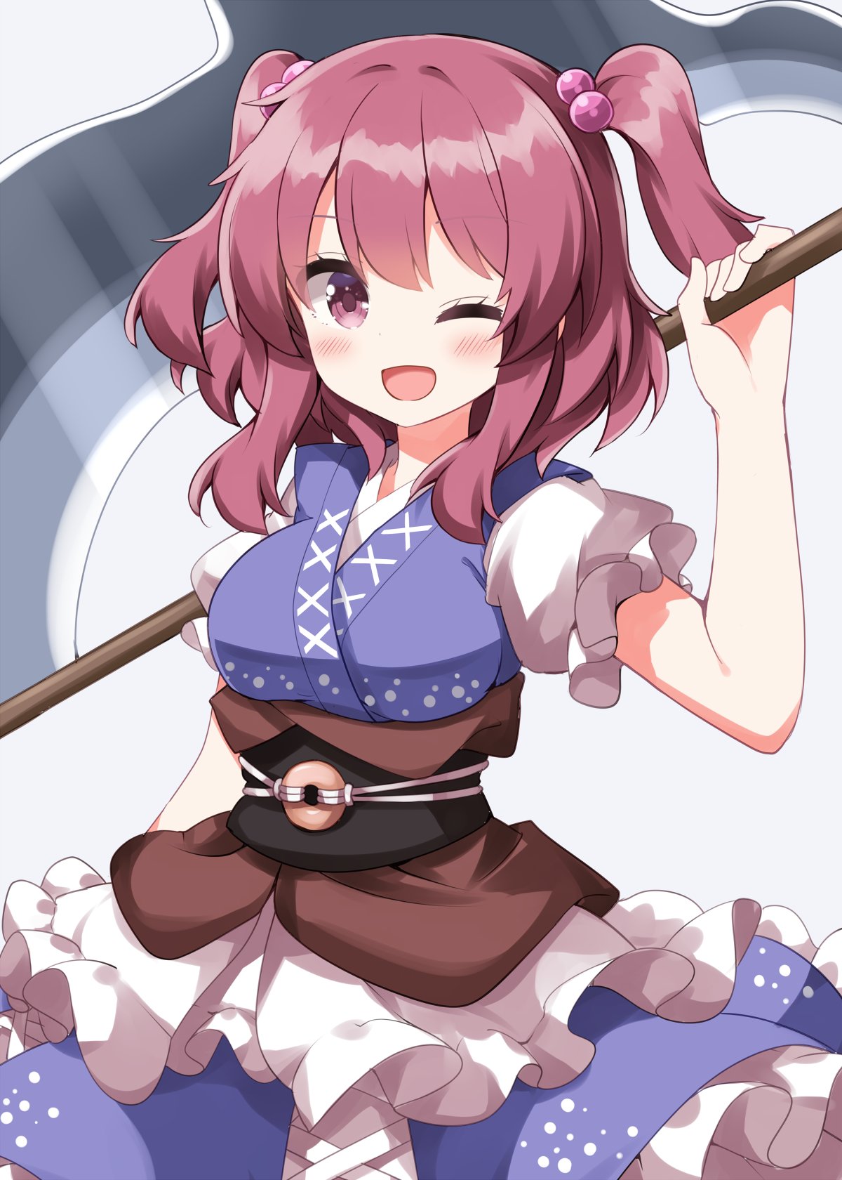 ruu (tksymkw), onozuka komachi, touhou, commentary, highres, 1girl, ;d, black sash, blue dress, blush, cowboy shot, dress, frilled dress, frilled sleeves, frills, hair bobbles, hair ornament, holding, holding scythe, looking at viewer, medium hair, obi, one eye closed, open mouth, red eyes, red hair, sash, scythe, short sleeves, simple background, smile, solo, two side up, white background