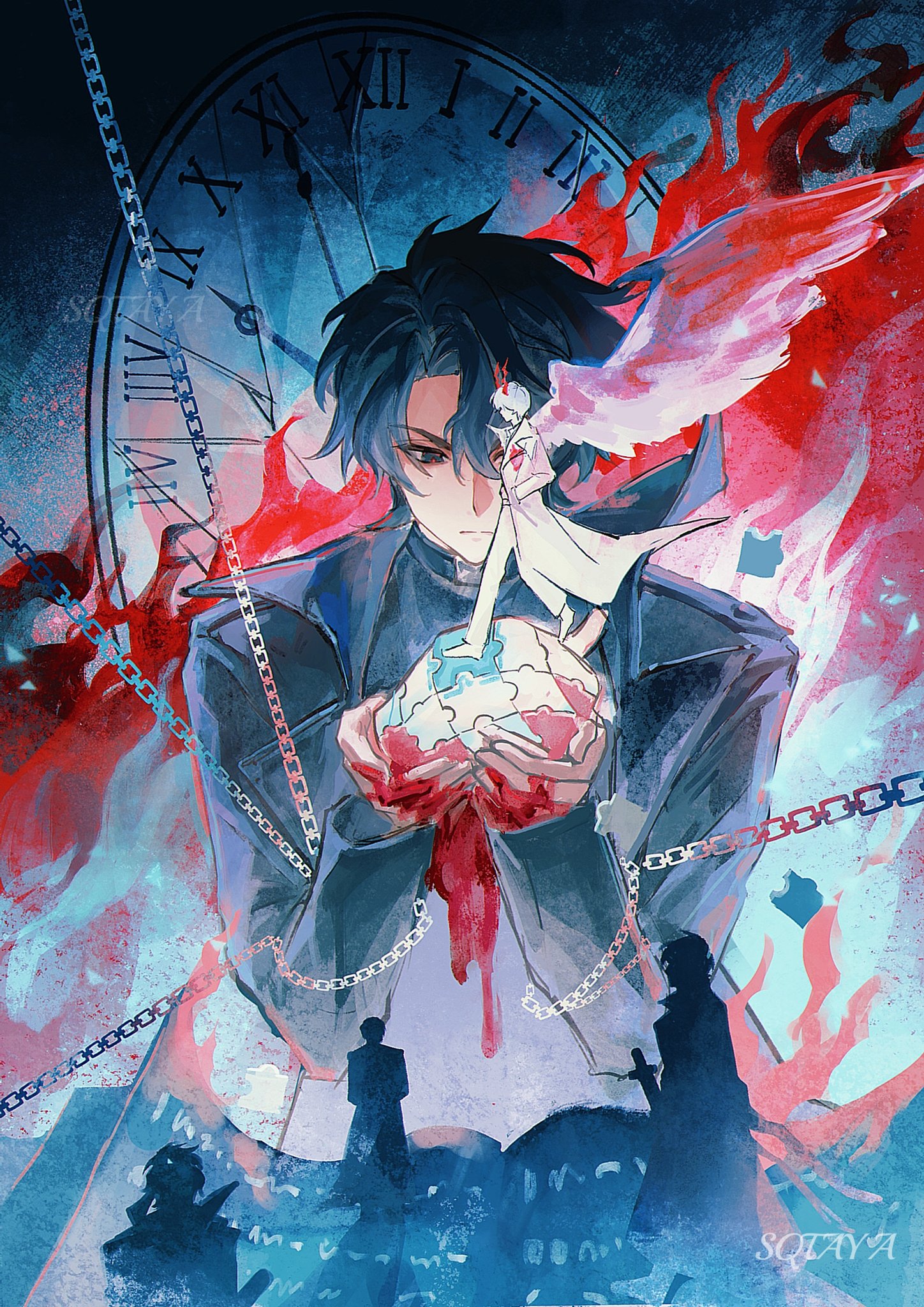kim dokja, yoo joonghyuk, omniscient reader's viewpoint, highres, 2boys, 3others, black coat, black eyes, black hair, black shirt, bleeding, blood, blood on window, burning, chain, chain around arm, coat, curtained hair, demon horns, feathered wings, fire, hair between eyes, hands in pockets, horns, looking at another, male focus, mini person, miniboy, multiple boys, multiple others, multiple persona, one eye covered, open clothes, open coat, orb, popped collar, puzzle piece, roman numeral, serious, shirt, short hair, silhouette, sqtaya1, stopwatch, watch, white coat, white wings, wings