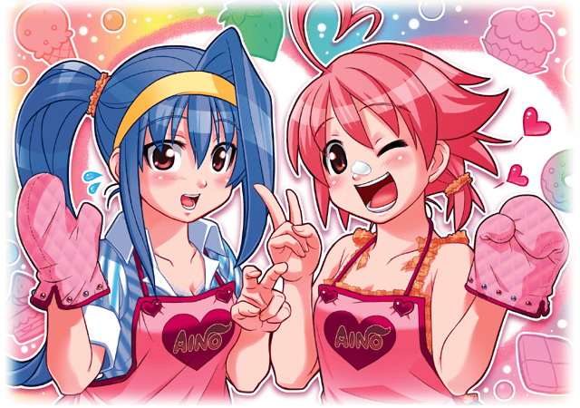 mizuki gyokuran, aino heart, tsuzura saki, aq interactive, arcana heart, atlus, examu, official art, 2girls, :d, ;d, ahoge, apron, blue hair, blush, cake, cake slice, checkerboard cookie, cherry, clenched hand, cookie, cream, dessert, donut, embarrassed, flat chest, food, fruit, hairband, heart, heart ahoge, ice cream, ice cream cone, long hair, multiple girls, one eye closed, open mouth, oven mitts, pink hair, ponytail, rainbow background, red eyes, scrunchie, shirt, short hair, smile, strawberry, strawberry shortcake, striped clothes, striped shirt, sweatdrop, v, very long hair, waving, wink