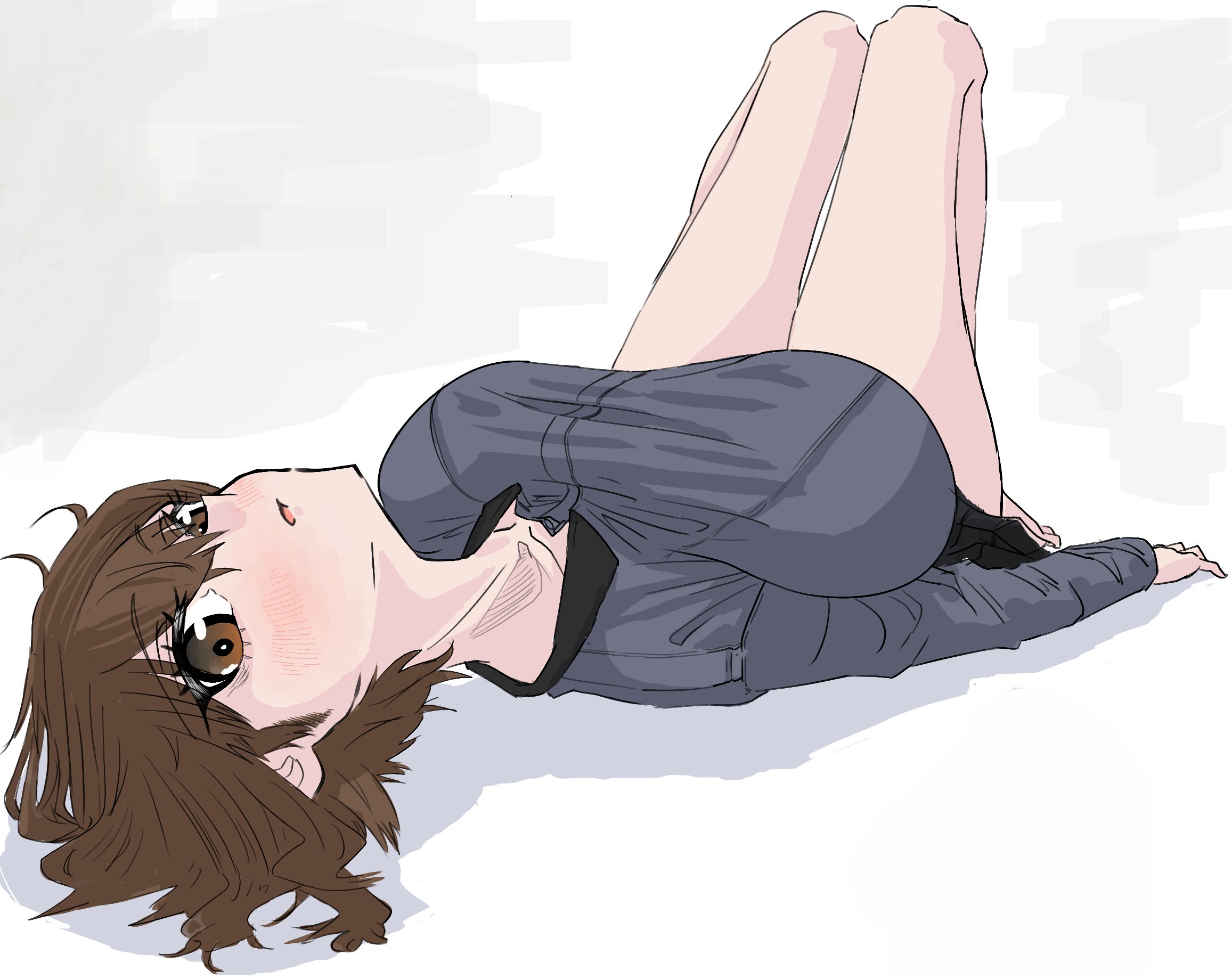 the lipid guy (ponta), nishizumi maho, girls und panzer, highres, 1girl, black skirt, blush, breasts, brown hair, dress shirt, eyes visible through hair, frown, grey shirt, hair between eyes, kuromorimine school uniform, large breasts, long sleeves, looking at viewer, lying, medium breasts, miniskirt, open mouth, pleated skirt, school uniform, shirt, short hair, simple background, skirt, solo, white background, wing collar