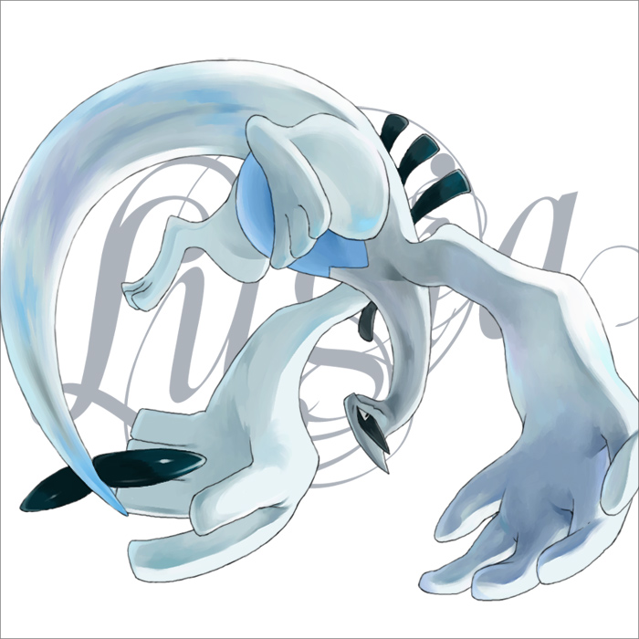 satou mami, lugia, nintendo, pokemon, md5 mismatch, resolution mismatch, source larger, blue theme, dragon, gen 2 pokemon, legendary pokemon, monochrome, no humans, pokemon (creature), tail, upside-down, wings