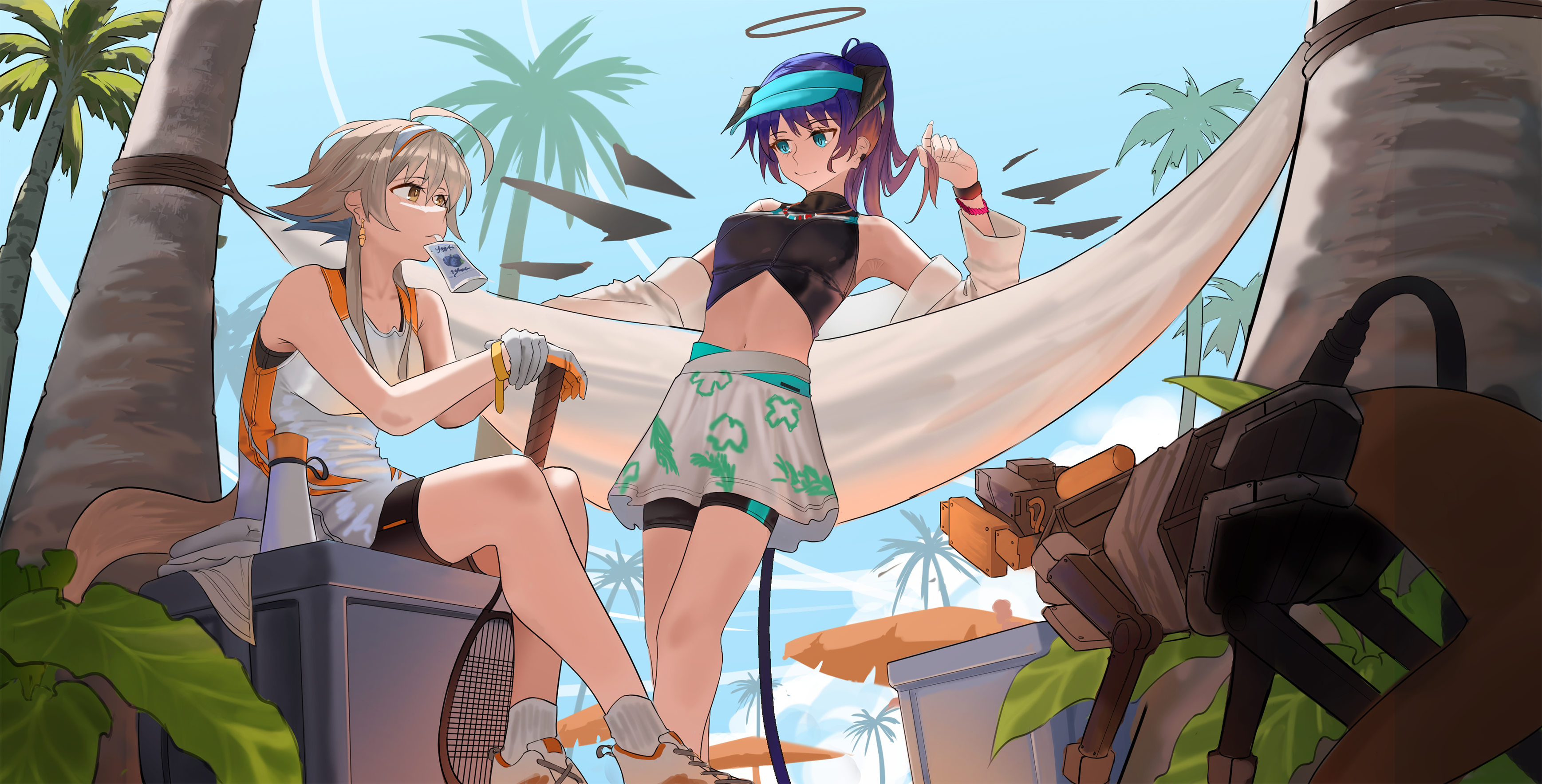 northkiyou, mayer (arknights), mostima (arknights), arknights, absurdres, commentary, english commentary, highres, 2girls, ahoge, beach, bike shorts, black horns, black shorts, blue eyes, blue hair, blue sky, bracelet, brown hair, closed mouth, dark halo, detached wings, energy wings, fallen angel, gloves, hair between eyes, halo, horns, jewelry, long hair, multiple girls, navel, orange gloves, outdoors, ponytail, print skirt, racket, rash guard, shorts, sitting, skirt, sky, socks, tank top, tennis racket, traditional halo, tree, two-tone gloves, white gloves, white skirt, white socks, white tank top, wings