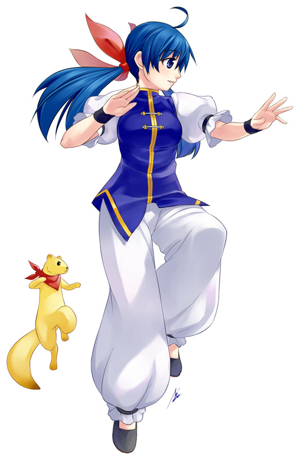mizuki gyokuran, futaba hotaru, itokatsu (garou), fatal fury, garou: mark of the wolves, snk, 1girl, ahoge, blue eyes, blue hair, chinese clothes, female focus, ferret, fighting stance, hair ribbon, long hair, matching hair/eyes, ponytail, puffy sleeves, ribbon, solo, twintails, wristband