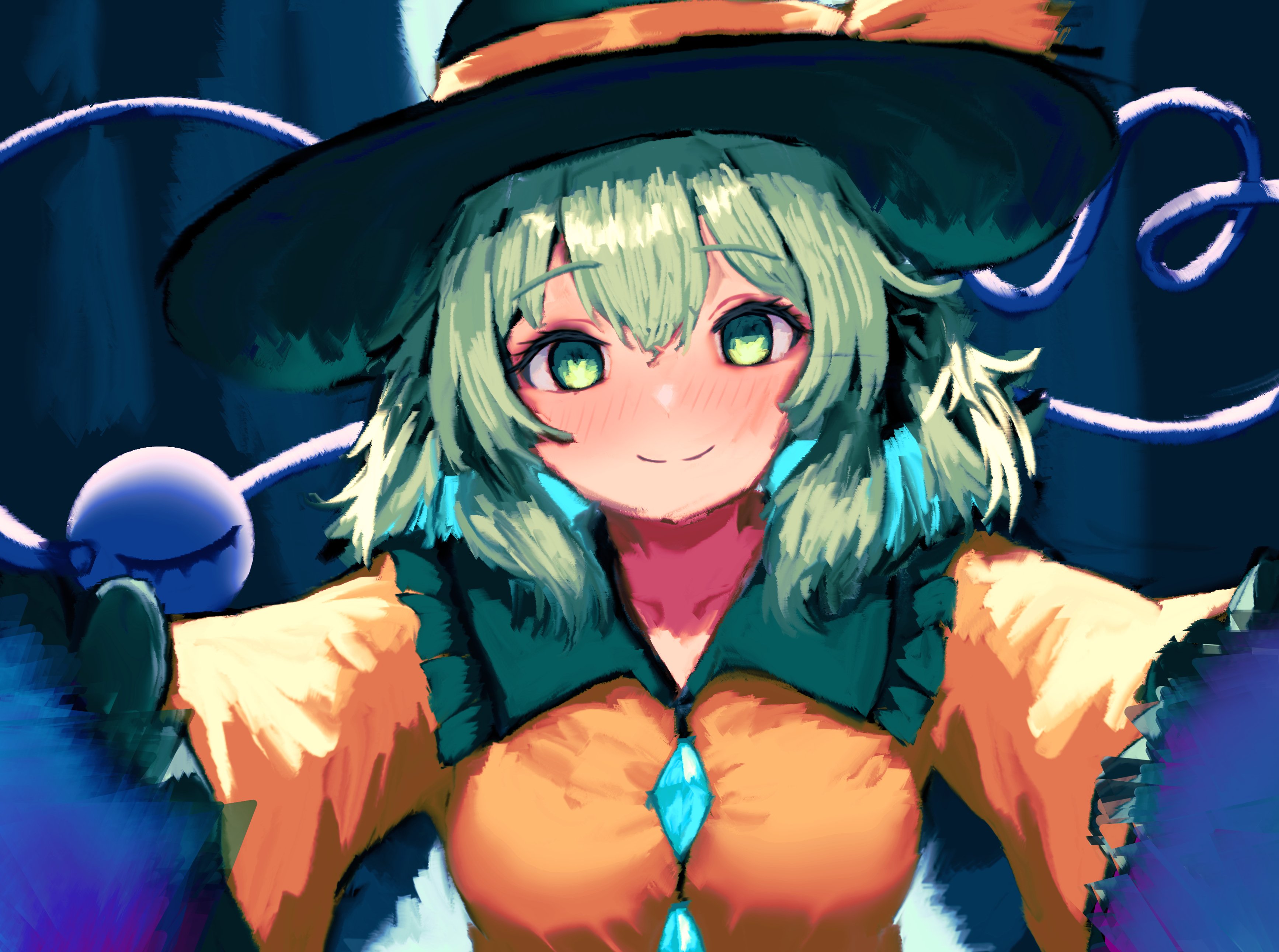 flandzen, komeiji koishi, touhou, absurdres, highres, 1girl, black hat, blouse, blush, breasts, collarbone, frills, green eyes, green hair, hat, hat ribbon, heart, heart of string, long sleeves, looking at viewer, ribbon, shirt, small breasts, smile, solo, third eye, upper body, wide sleeves, yellow ribbon, yellow shirt