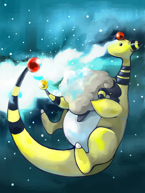 ampharos, mareep, nintendo, pokemon, gen 2 pokemon, hug, night, no humans, pokemon (creature), snow