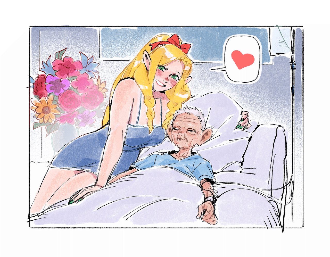 aatom87, chilchuck tims, marcille donato, dungeon meshi, commentary, english commentary, 1boy, 1girl, aged up, alternate breast size (larger), bed, blonde hair, blue dress, braid, breasts, contemporary, dress, flower, green eyes, green nails, grey hair, heart, hospital bed, intravenous drip, large breasts, lying, old, old man, on back, pillow, ponytail, short dress, sitting, smile, spoken heart, twin braids