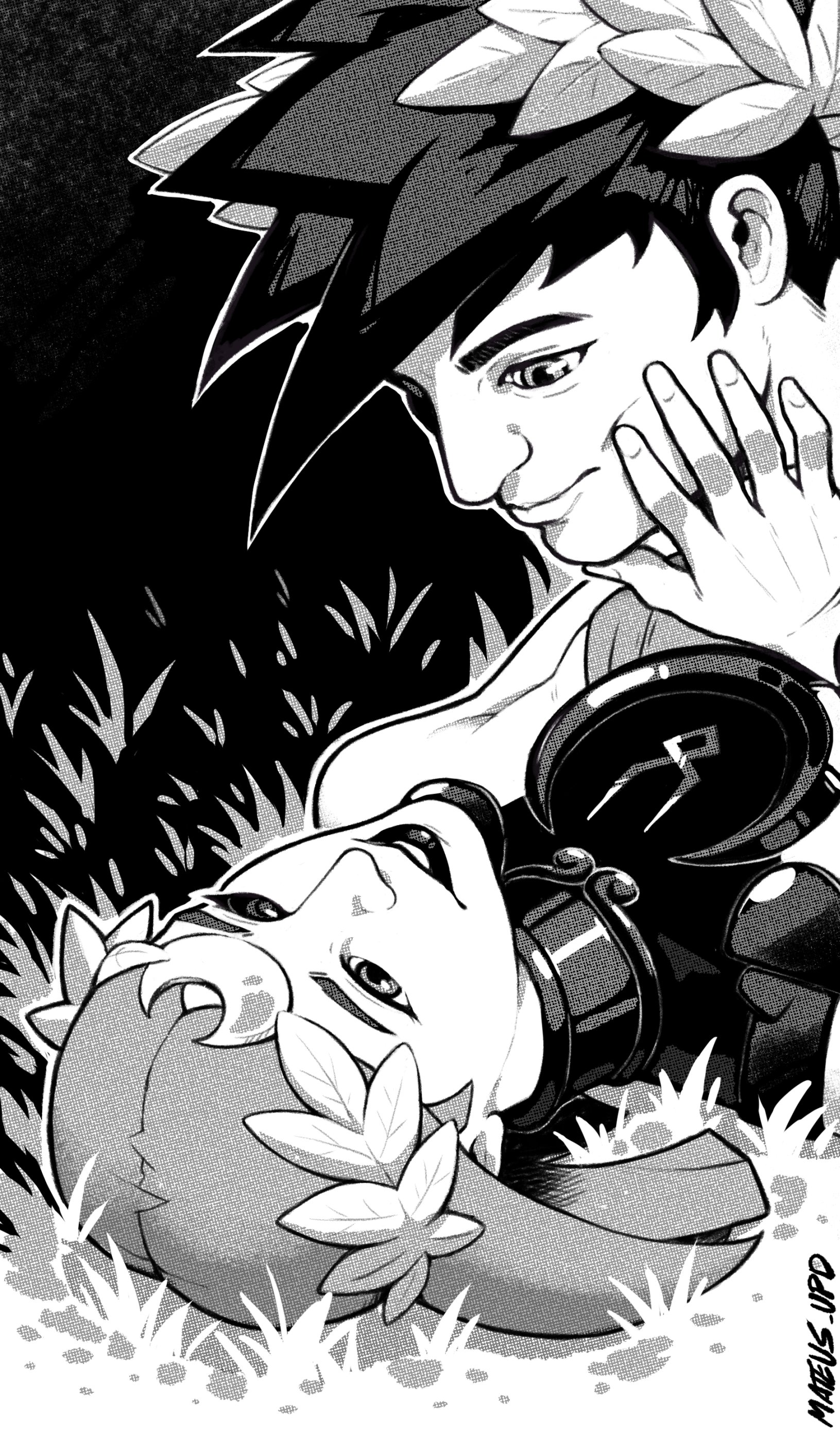 mateus upd, melinoe (hades), zagreus (hades), hades (series), hades 2, absurdres, highres, armor, black eyes, black hair, breastplate, breasts, couple, grass, greyscale, hand on another's ear, implied incest, laurel crown, looking at another, medium breasts, monochrome, short hair