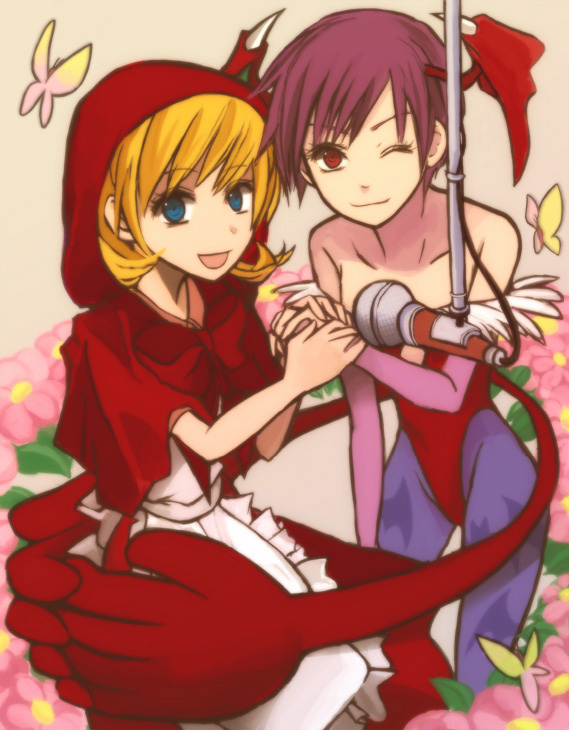 b.b. hood, lilith (darkstalkers), capcom, darkstalkers, print legwear, 2girls, animal print, bat print, blonde hair, blue eyes, bug, butterfly, demon girl, dress, flat chest, flower, head wings, holding hands, hood, hug, insect, leotard, microphone, multiple girls, one eye closed, pantyhose, purple hair, red dress, red eyes, red leotard, wings, wink
