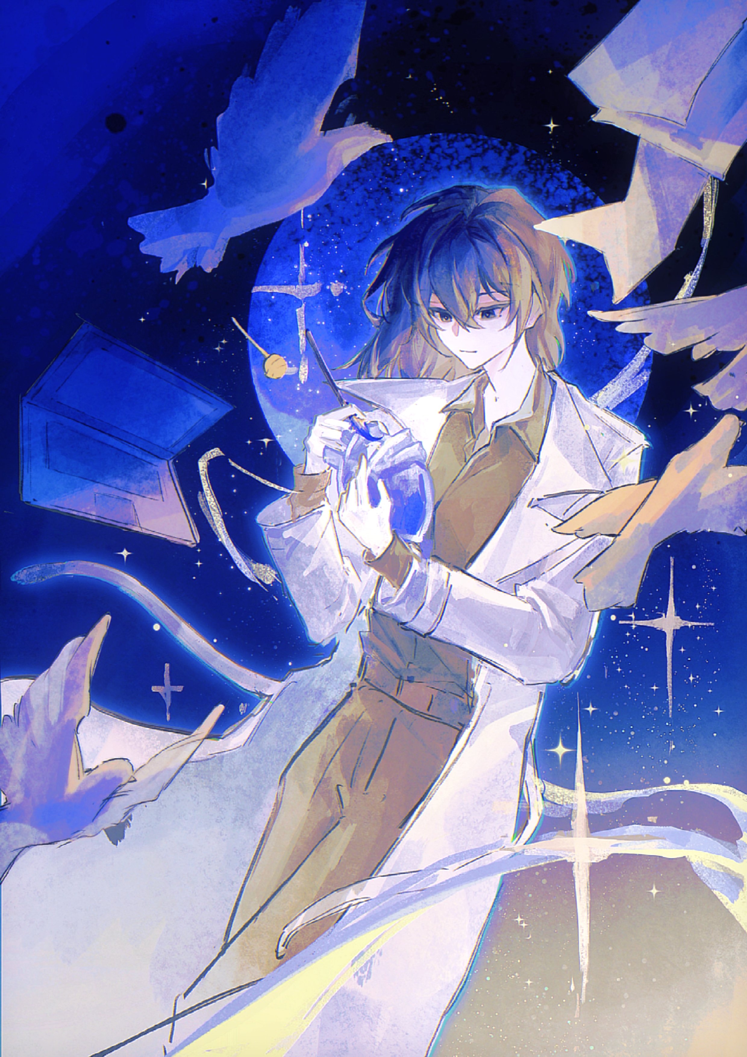 han sooyoung, omniscient reader's viewpoint, absurdres, highres, 1girl, bird, black eyes, black hair, black shirt, blue theme, candy, coat, collared shirt, computer, dove, falling, feet out of frame, floating, food, heart (organ), holding heart (organ), laptop, lollipop, long hair, official alternate costume, open clothes, open coat, shirt, short hair, solo, sparkle, sqtaya1, white coat