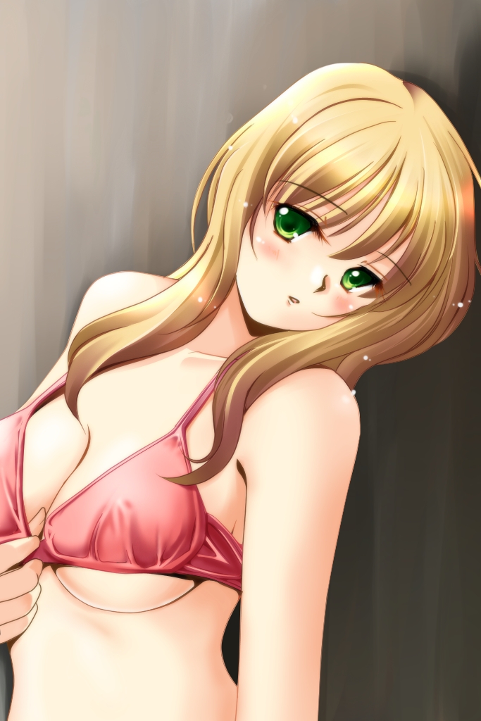 ayase mai (jelly^2 fish), dancer (ragnarok online), ragnarok online, 1girl, bikini, blonde hair, blush, breasts, brown hair, cleavage, female focus, green eyes, large breasts, pink bikini, solo, swimsuit, underboob