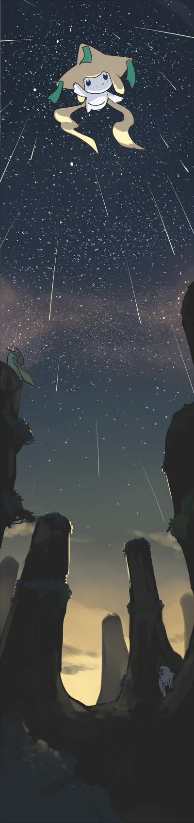 jitsu hidari, absol, flygon, jirachi, nintendo, pokemon, pokemon rse, highres, long image, tall image, 00s, dusk, gen 3 pokemon, legendary pokemon, mountain, mythical pokemon, no humans, pokemon (creature), sky, star (sky), star (symbol), starry sky, tears