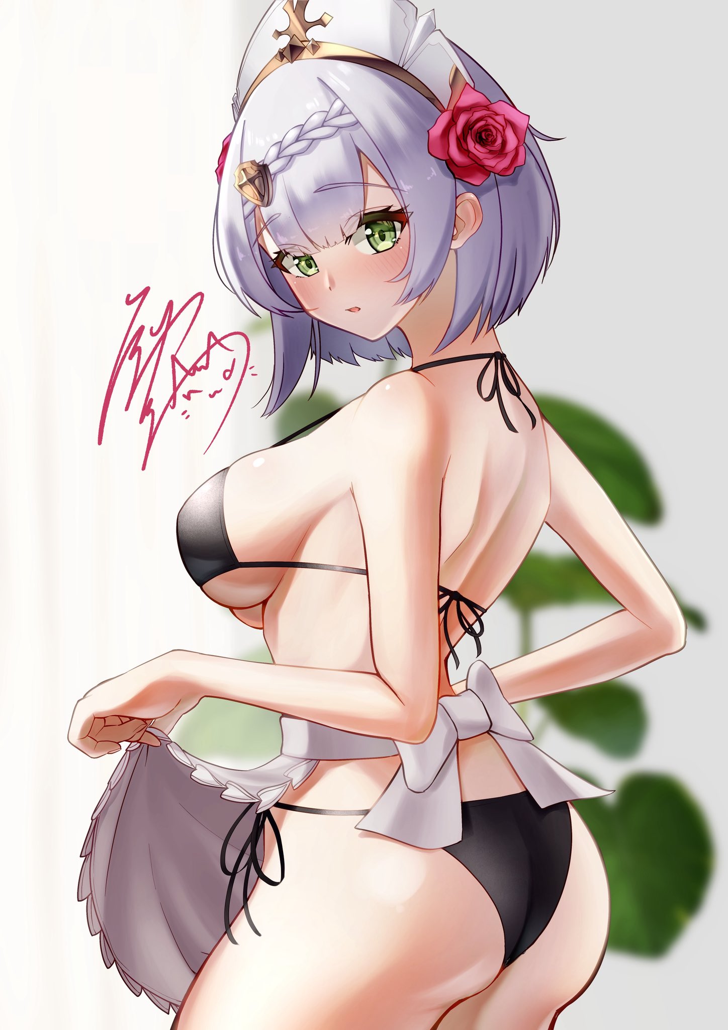 hiziriamane, noelle (genshin impact), genshin impact, commentary request, highres, 1girl, alternate costume, apron, apron lift, ass, bikini, black bikini, blush, breasts, clothes lift, flower, from behind, green eyes, grey hair, hair between eyes, hair flower, hair ornament, large breasts, looking at viewer, looking to the side, medium hair, parted lips, red flower, signature, solo, swimsuit, waist apron, white apron