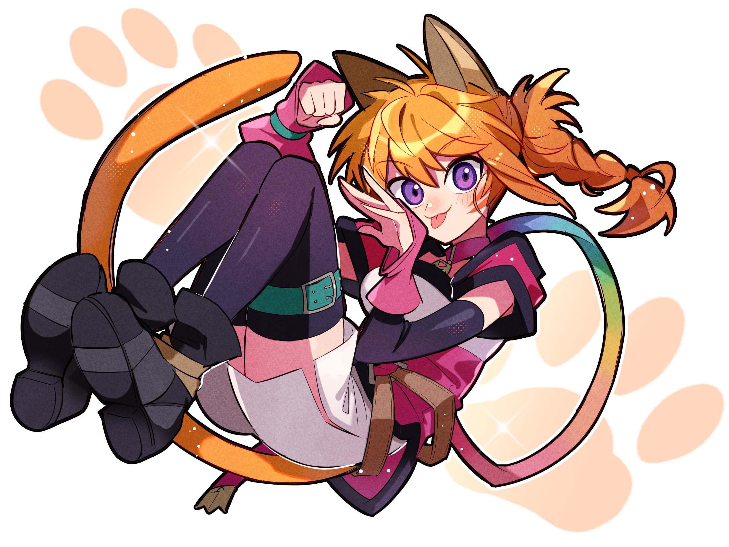 kurimori, lyre (fire emblem), fire emblem, fire emblem: radiant dawn, nintendo, commentary, highres, 1girl, :3, :p, animal ears, belt, black boots, black thighhighs, boots, braid, breasts, cat ears, cat girl, choker, collar, facepaint, facial mark, hair between eyes, hand guard, looking at viewer, o-ring, o-ring belt, orange hair, orange tail, paw pose, paw print, pink choker, pink collar, purple eyes, rainbow ribbon, shorts, side slit, side slit shorts, simple background, small breasts, solo, thigh belt, thigh strap, thighhighs, thighs, tongue, tongue out, whisker markings