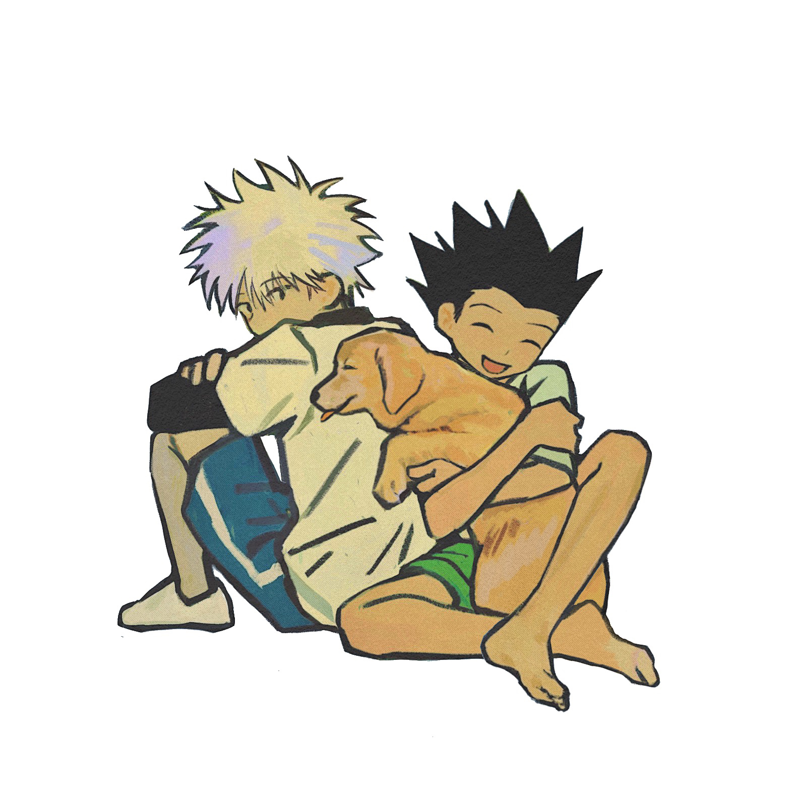 mizukiyoi, gon freecss, killua zoldyck, hunter x hunter, 2boys, ^ ^, barefoot, black hair, closed eyes, dog, long sleeves, male focus, multiple boys, open mouth, short hair, shorts, sitting, smile, spiked hair, white background, white hair