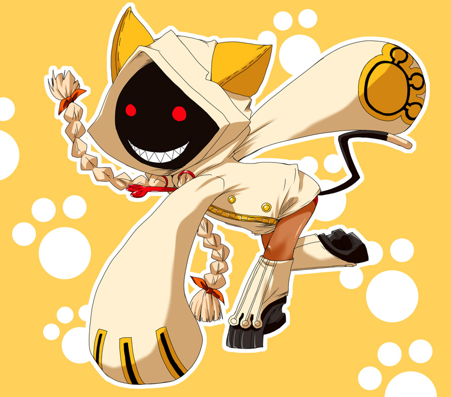 mukaibi aoi, mukaibiaoi, taokaka, arc system works, blazblue, 1girl, animal ears, animal hood, cat ears, cat hood, cat tail, chibi, dark-skinned female, dark skin, fake animal ears, female focus, grin, hood, hoodie, platform shoes, red eyes, shoes, smile, solo, tail