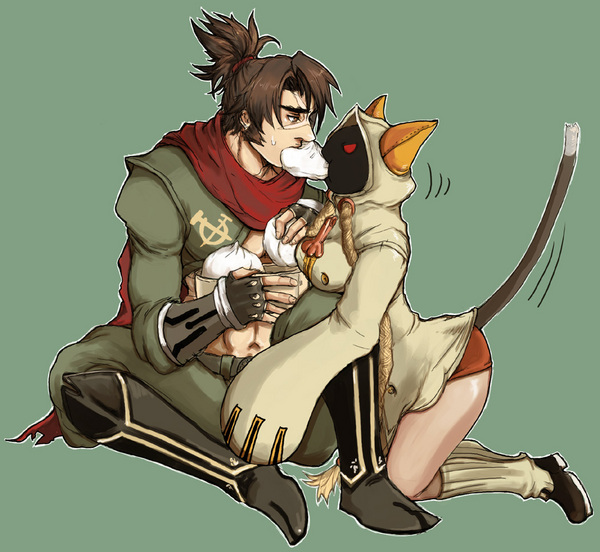 itanji, shishigami bang, taokaka, arc system works, blazblue, bad id, bad pixiv id, 1boy, 1girl, ass, breasts, food, hood, hoodie, medium breasts, mouth hold, red eyes, scar, scarf, simple background, steamed bun, tail