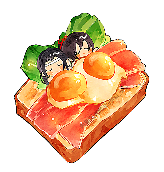 amana raika, lan wangji, wei wuxian, modao zushi, 2boys, bacon, black hair, blush, blush stickers, bread, bread slice, chibi, chibi only, closed eyes, egg (food), food, food focus, fried egg, hair ribbon, headband, in food, lettuce, long hair, lying, male focus, mini person, miniboy, multiple boys, on back, open mouth, parted bangs, ponytail, red ribbon, ribbon, sandwich, simple background, sleeping, twitter username, under covers, watermark, white background, white headband, yaoi