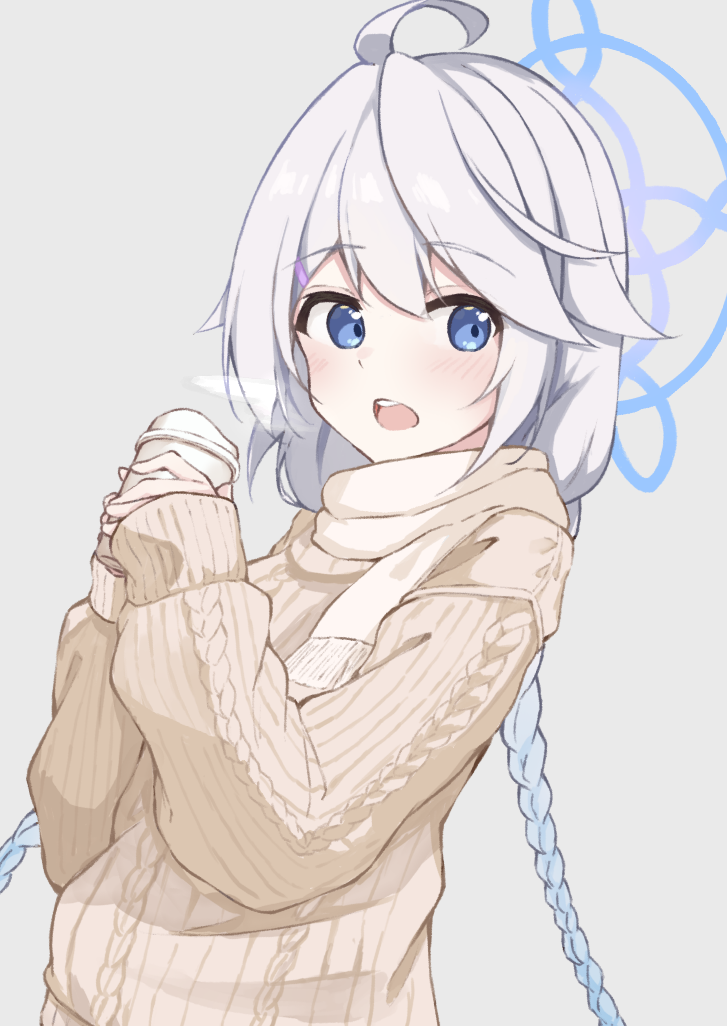 cafeoletmanju, kirino (blue archive), blue archive, absurdres, highres, 1girl, ahoge, alternate costume, blue eyes, blue halo, braid, brown scarf, brown sweater, cable knit, cup, disposable coffee cup, disposable cup, grey background, hair ornament, hairclip, halo, holding, holding cup, long hair, long sleeves, looking at viewer, open mouth, ribbed sweater, scarf, simple background, sleeves past wrists, solo, sweater, teeth, twin braids, twintails, upper body, upper teeth only, white hair