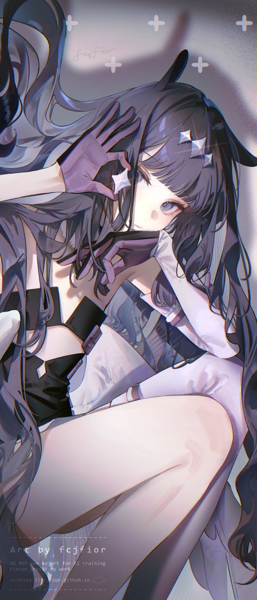 fcjfior, ninomae ina'nis, hololive, hashtag-only commentary, highres, 1girl, armpits, blue eyes, blunt bangs, closed mouth, clothing cutout, detached sleeves, flat chest, gloves, hair flaps, long hair, long sleeves, looking at viewer, purple gloves, purple hair, sparkle hair ornament, stomach cutout, tentacle hair, thighs, wavy hair