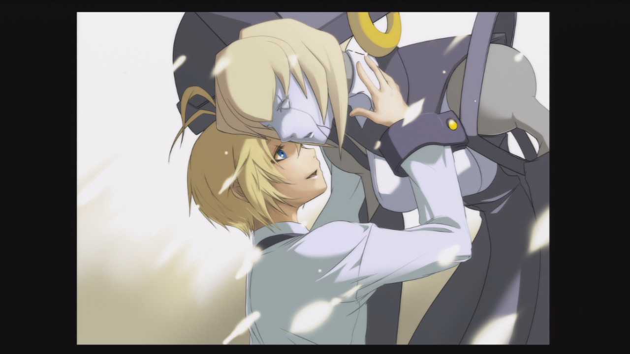 carl clover, nirvana (blazblue), arc system works, blazblue, blazblue: calamity trigger, official art, 1boy, 1girl, ahoge, blonde hair, blue eyes, child, earrings, glasses, headdress, hug, jewelry, long arms, marionette, puppet, robot, single earring