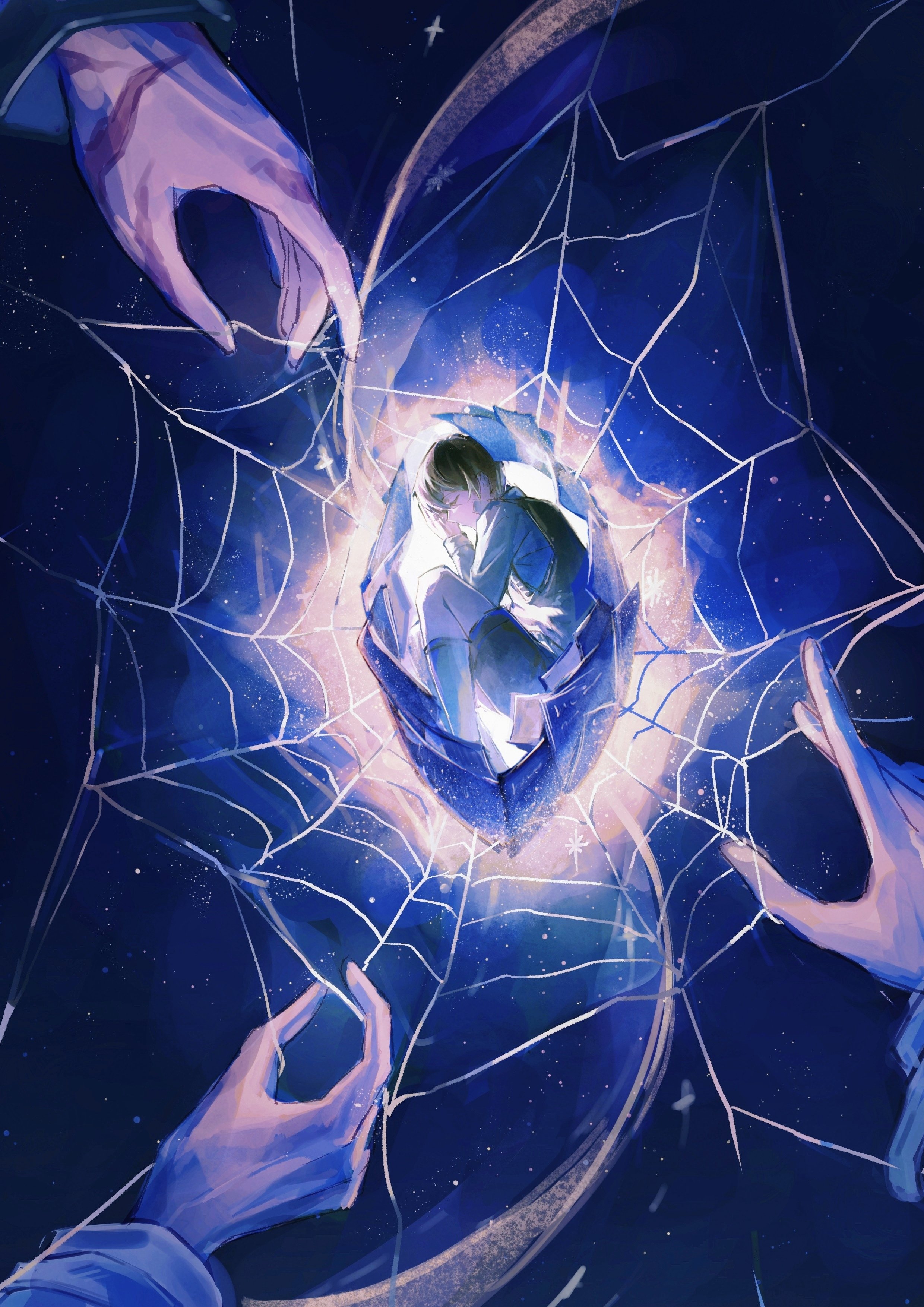 han sooyoung, kim dokja, oldest dream, yoo joonghyuk, omniscient reader's viewpoint, absurdres, highres, 1boy, 3others, black hair, black shorts, black vest, closed eyes, curled up, dual persona, full body, glowing, knees up, long sleeves, mini person, miniboy, multiple others, out of frame, shirt, short hair, shorts, silk, sky, space, spider web, sqtaya1, star (sky), starry sky, vest, white shirt