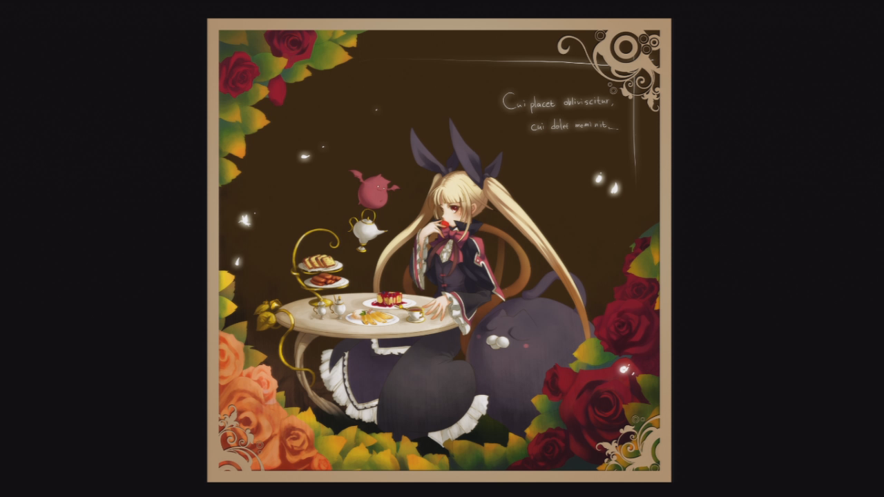 gii, nago, rachel alucard, arc system works, blazblue, blazblue: calamity trigger, official art, translated, 1girl, bat (animal), blonde hair, cat, cup, dress, female focus, food, gothic lolita, lolita fashion, long hair, red eyes, ribbon, sleeping, solo, sweets, table, teacup, teapot, twintails