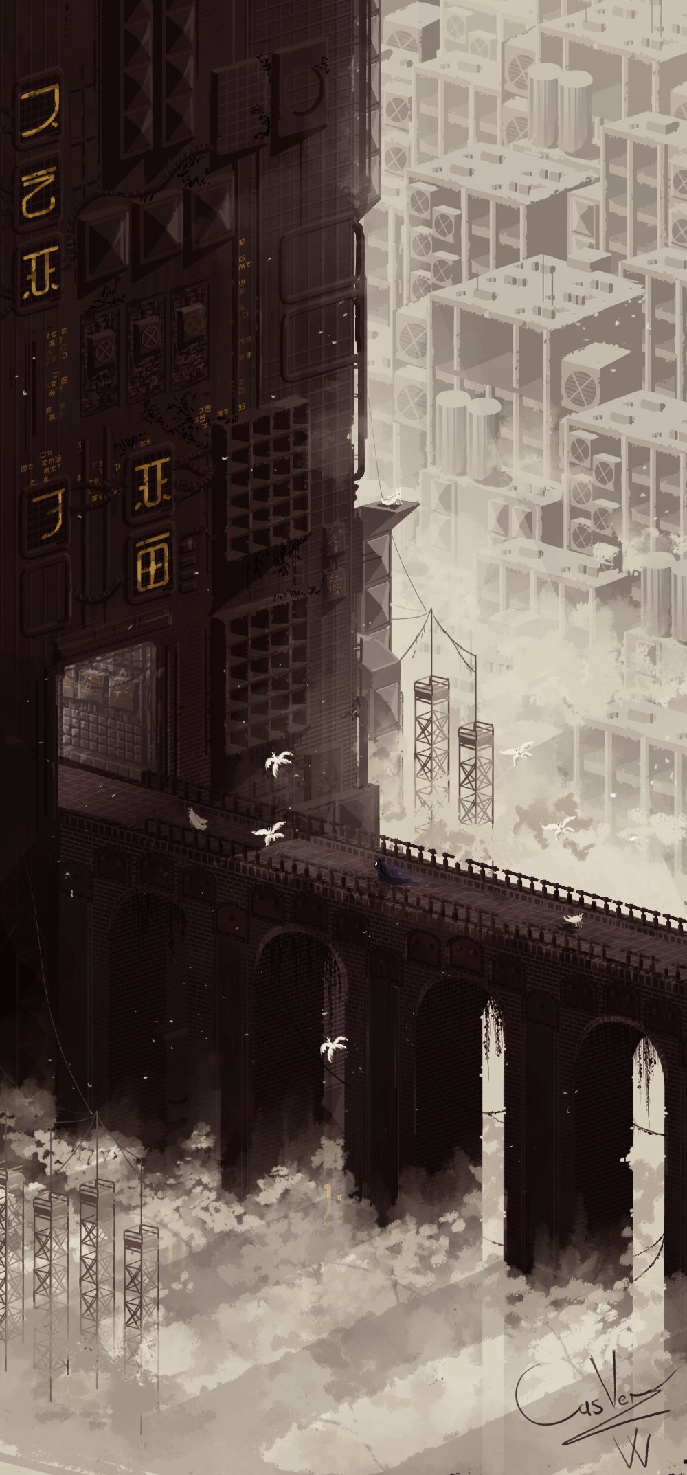 slugcat, small moth (rain world), watcher (rain world), rain world, commentary, english commentary, highres, air conditioner, artist name, bridge, building, casver w, cityscape, creature, day, fog, from above, no humans, outdoors, pole, scenery, signature, wide shot