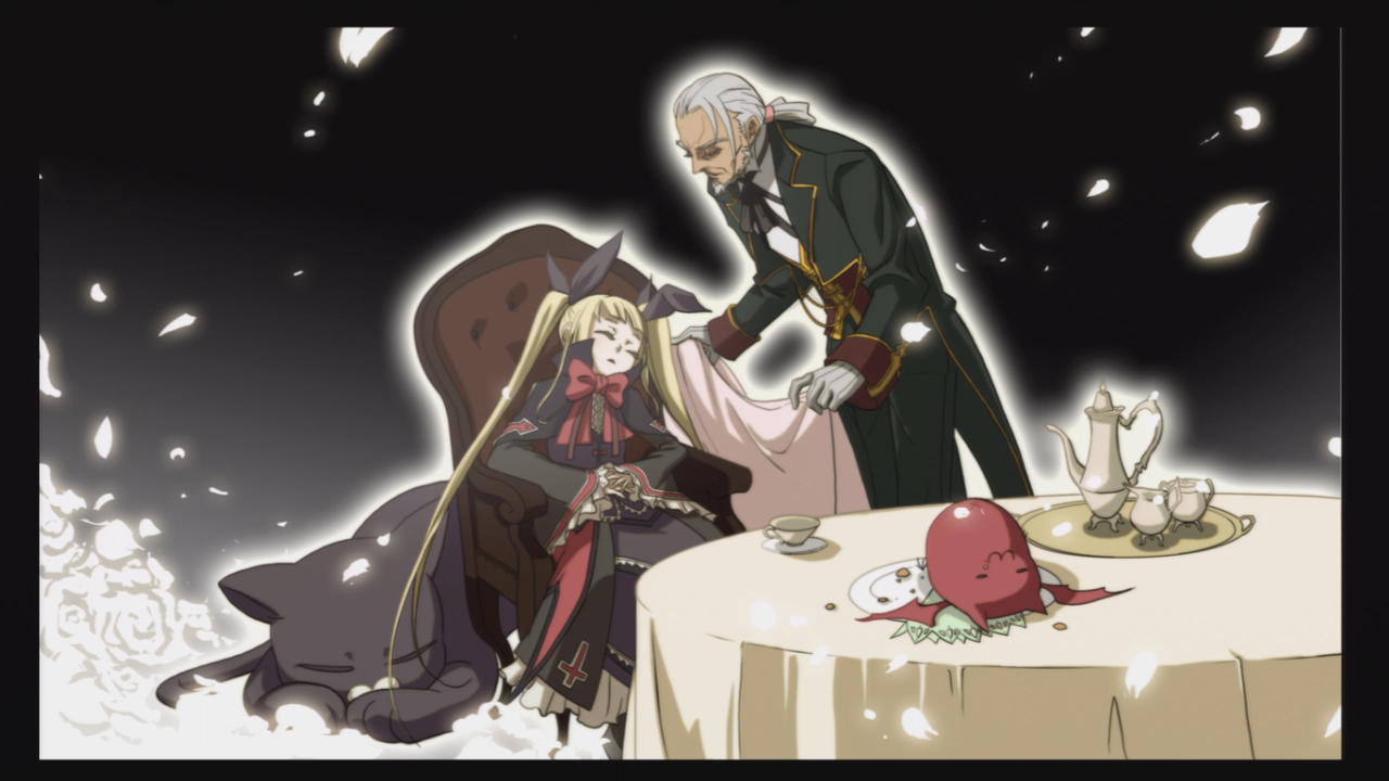 gii, nago, rachel alucard, valkenhayn r hellsing, arc system works, blazblue, blazblue: calamity trigger, official art, 1boy, 1girl, bat (animal), blonde hair, butler, cat, chair, covering with blanket, cross, cup, gothic lolita, inverted cross, lolita fashion, long hair, ribbon, sleeping, table, teacup, teapot, twintails, vampire