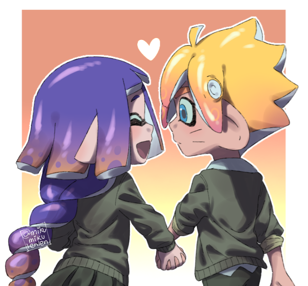 ariamikukanzaki, kakei sumire, uzumaki boruto, boruto: naruto next generations, naruto (series), nintendo, splatoon (series), commentary, 1boy, 1girl, alternate species, black jacket, blonde hair, blue eyes, braid, braided ponytail, closed eyes, facial mark, gradient hair, heart, hetero, holding hands, inkling, interlocked fingers, jacket, multicolored hair, octoling, open mouth, pointy ears, purple hair, signature, single braid, sleeves rolled up, smile, tentacle hair, whisker markings