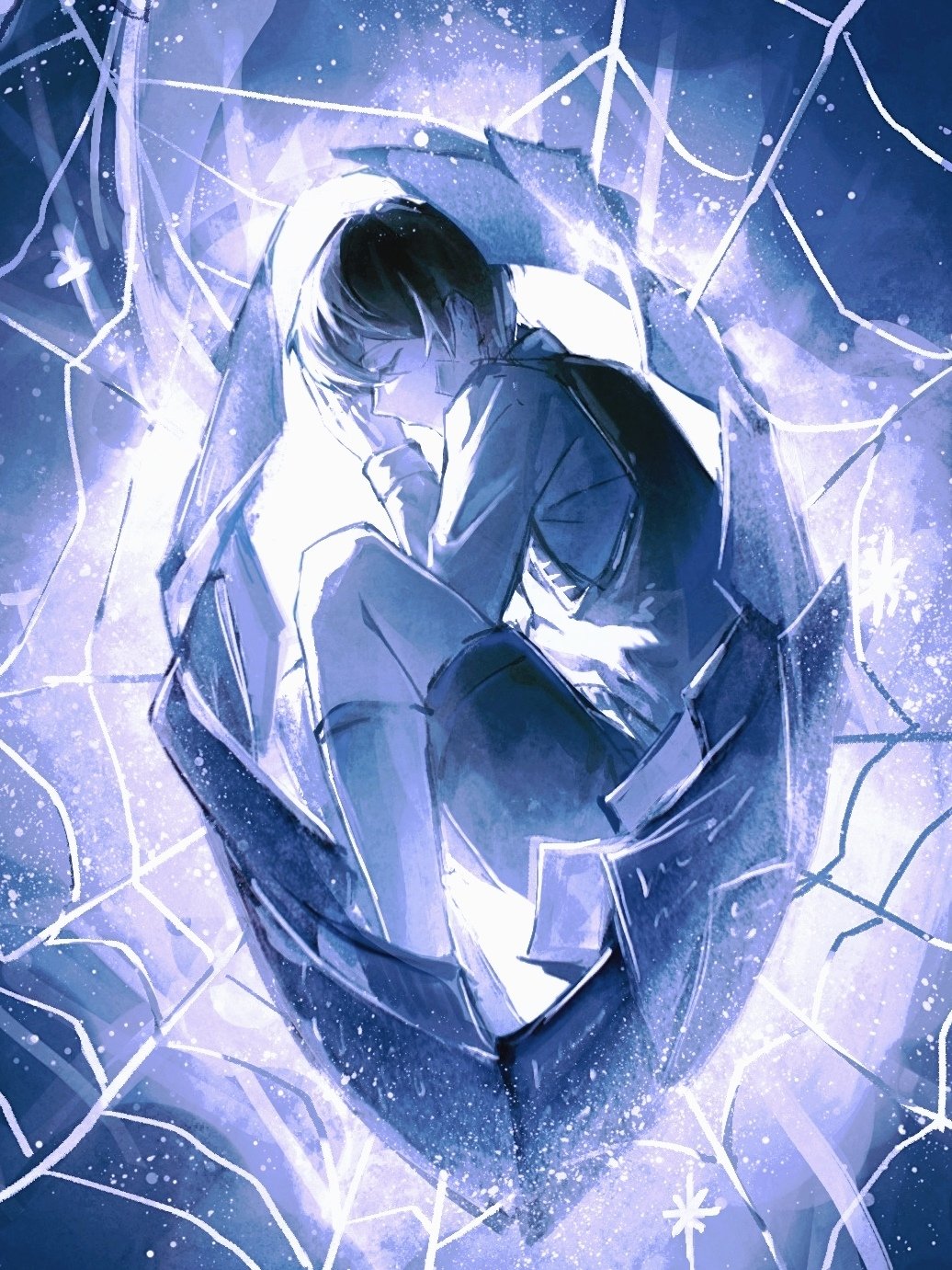 kim dokja, oldest dream, omniscient reader's viewpoint, highres, 1boy, black hair, black shorts, black vest, closed eyes, curled up, glowing, lying, male focus, on side, paper, shirt, short hair, shorts, sidelighting, silk, sky, solo, space, spider web, sqtaya1, star (sky), starry sky, vest, white shirt